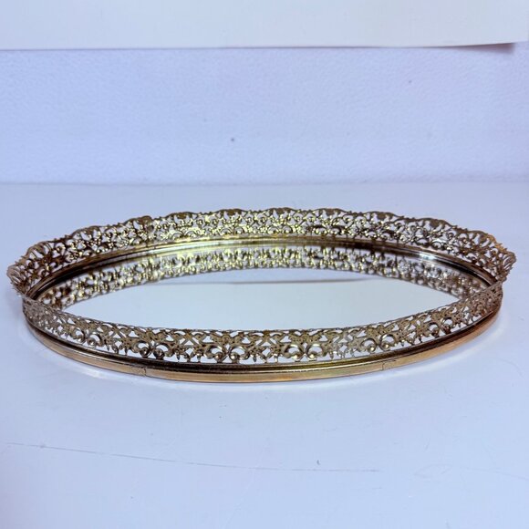 Regency Oval Mirror Vanity Tray VTG Ornate Gold Tone Filigree Glam Dresser Table - Picture 3 of 12